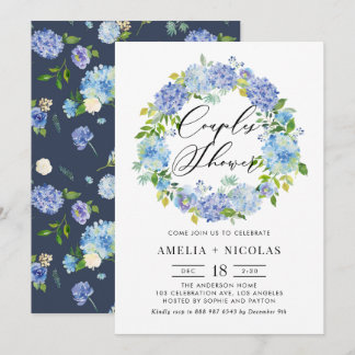 Blue Hydrangea Flowers Wreath Couples Shower Invitation