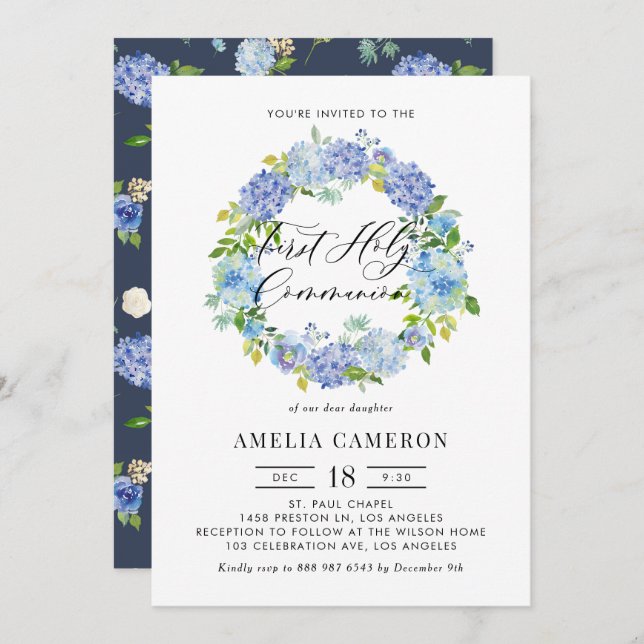 Blue Hydrangea Flowers Wreath First Holy Communion Invitation (Front/Back)