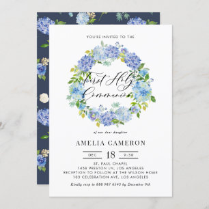 Blue Hydrangea Flowers Wreath First Holy Communion Invitation