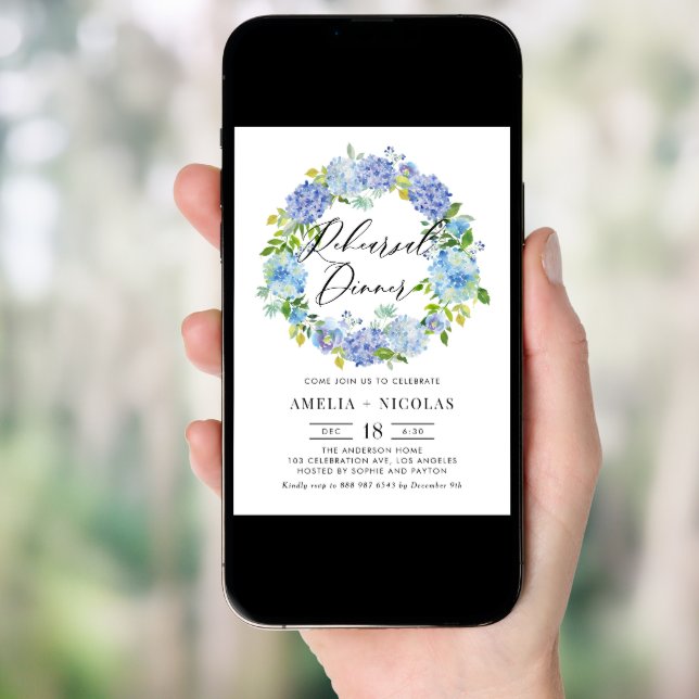 Blue Hydrangea Flowers Wreath Rehearsal Dinner Invitation (Front Digital)