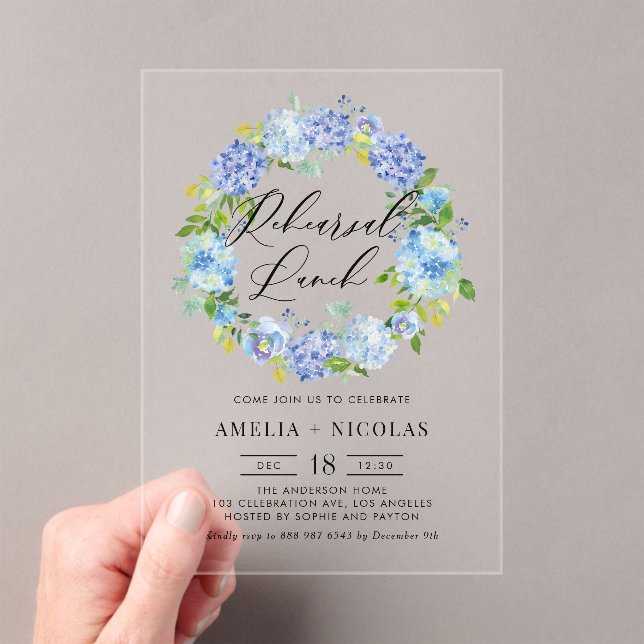 Blue Hydrangea Flowers Wreath Rehearsal Lunch Acrylic Invitations (Insitu (Handheld))