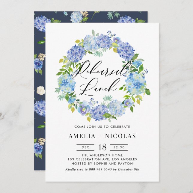 Blue Hydrangea Flowers Wreath Rehearsal Lunch Invitation (Front/Back)