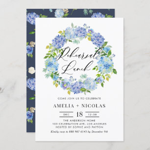 Blue Hydrangea Flowers Wreath Rehearsal Lunch Invitation