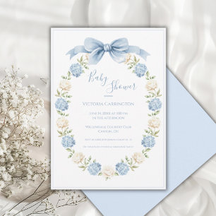 Blue Hydrangea Frame Elegant Bow Baby Shower  Invitation