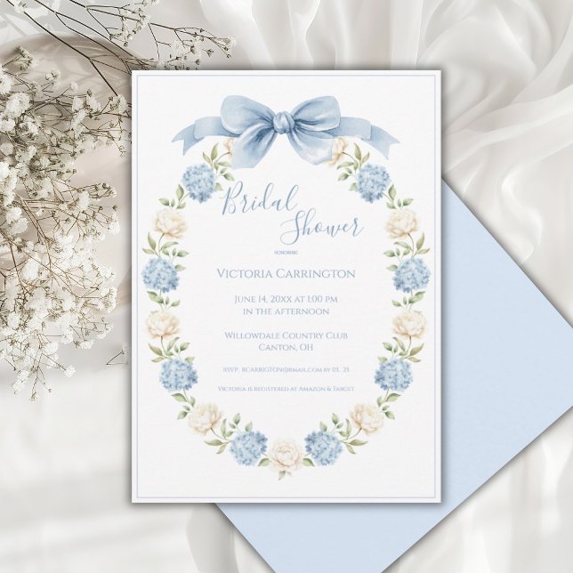 Blue Hydrangea Frame Elegant Bow Bridal Shower  Invitation (Creator Uploaded)