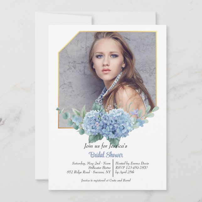 Blue Hydrangea Frame Photo Invitation (Front)