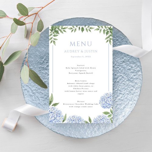 Blue Hydrangea Framed Border Wedding Paper Menu