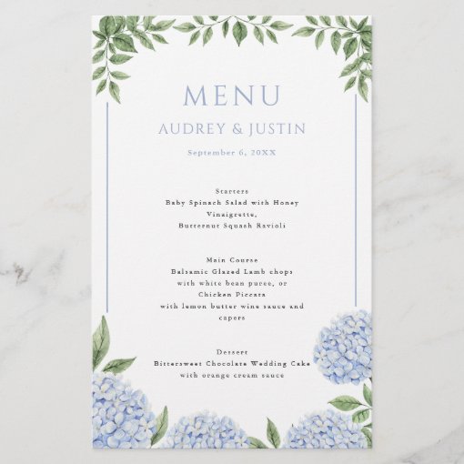 Blue Hydrangea Framed Border Wedding Paper Menu | Zazzle