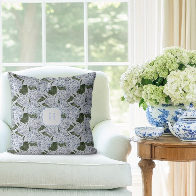 Blue Hydrangea Garden Monogram   Throw Pillow (Hydrangea Garden Monogram Pillow)