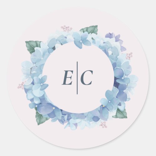 Blue Hydrangea Garden Monogram Wedding Sticker