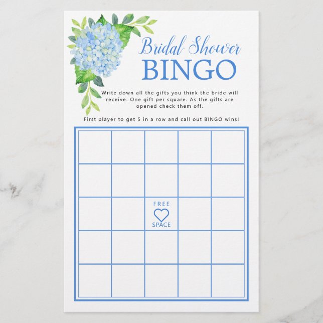Blue Hydrangea Geometric Bridal Shower Bingo Game (Front)