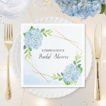 Blue Hydrangea Geometric Floral Bridal Shower Napkins<br><div class="desc">These bridal shower napkins feature a blue hydrangea flowers and faux gold geometric design. You can personalize these napkins with the bride's name. These napkins are part of a collection which includes a range of matching wedding stationery and bridal items. Please visit our store or view our collection pages to...</div>