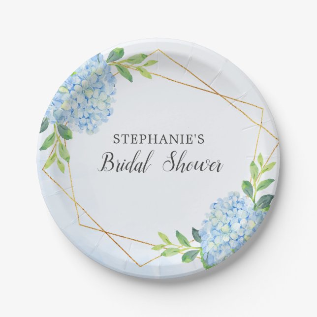 Blue Hydrangea Geometric Floral Bridal Shower Paper Plates (Front)