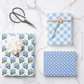 Blue Hydrangea Gingham And Polka Dot Pattern Wrapping Paper Sheets by 2BirdStone at Zazzle
