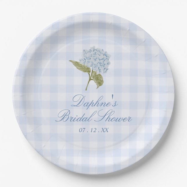 Blue Hydrangea Gingham Bridal Shower Paper Plates (Front)