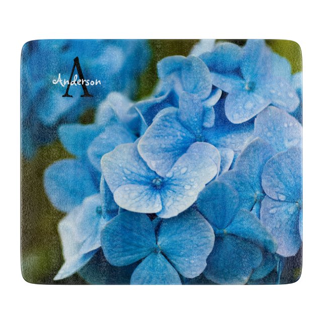 Blue Hydrangea Glass chopping board (Front)