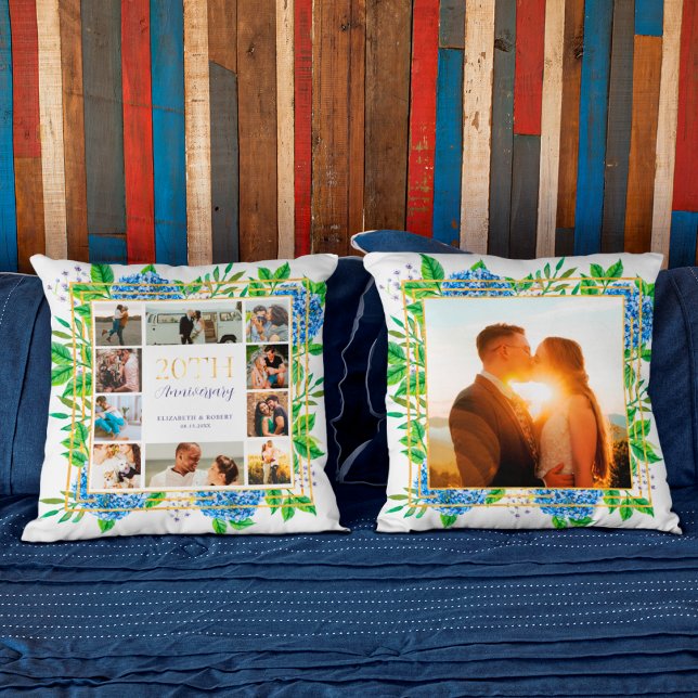 Blue Hydrangea Gold 20th Anniversary Photo Collage Throw Pillow (Creator Uploaded)