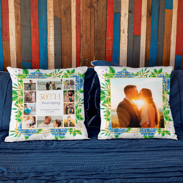 Blue Hydrangea Gold 50th Anniversary Photo Collage Throw Pillow (Creator Uploaded)