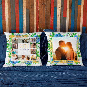 Blue Hydrangea Gold 5th Anniversary Photo Collage Throw Pillow