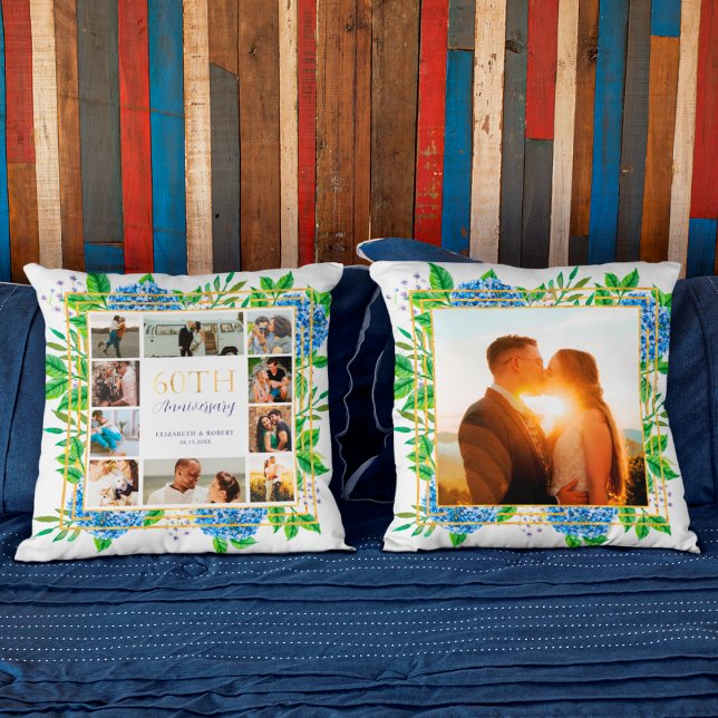 Blue Hydrangea Gold 60th Anniversary Photo Collage Throw Pillow (Creator Uploaded)
