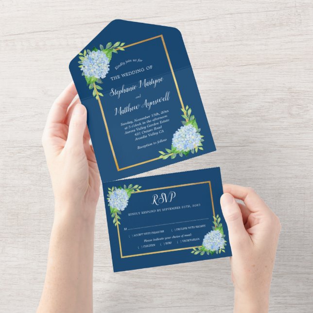 Blue Hydrangea Gold Border Navy Wedding All In One Invitation (Tearaway)