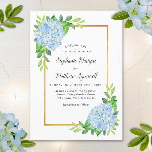 Blue Hydrangea Gold Border Watercolor Wedding Invitation