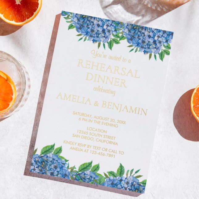 Blue Hydrangea Gold Foil Wedding Rehearsal Dinner Foil Invitation (Creator Uploaded)