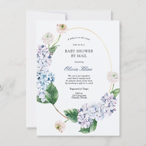 Blue Hydrangea Gold Frame Baby Shower by Mail Invitation