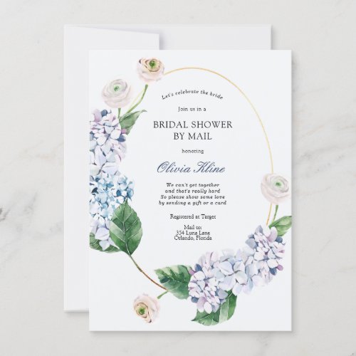 Blue Hydrangea Gold Frame Bridal Shower by Mail Invitation