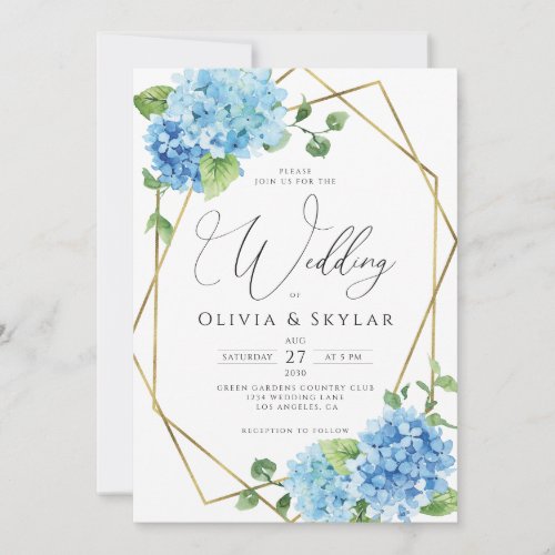 Blue Hydrangea Gold QR Code All In One Wedding Invitation