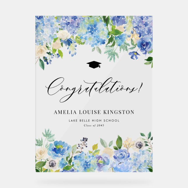 Blue Hydrangea Graduation Congratulations Acrylic Sign (Front)
