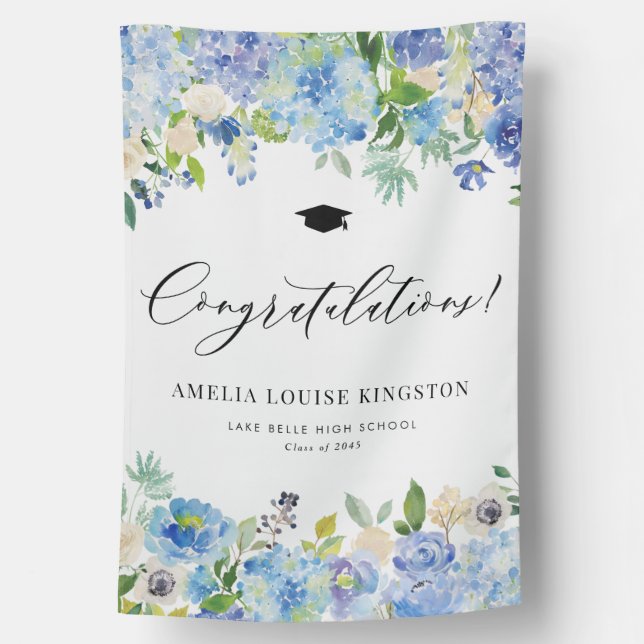 Blue Hydrangea Graduation Congratulations House Flag (Back)
