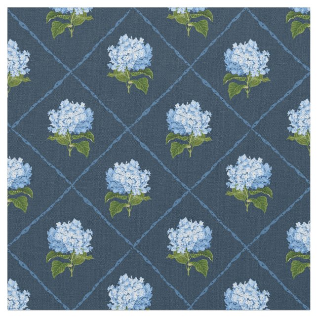 Blue Hydrangea Grandmillennial Navy Blue Fabric (Close Up)