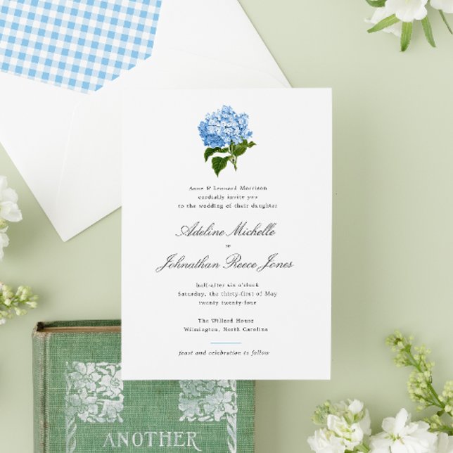 Blue Hydrangea Grandmillennial Wedding Invitation (An elegant and formal wedding invitation with an antique blue hydrangea illustration.)