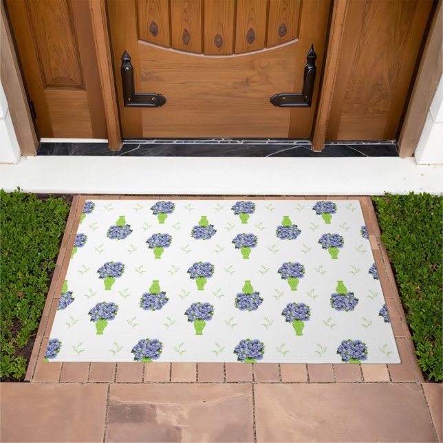  Blue Hydrangea Green Vase Coastal Pattern Doormat (Outdoor)