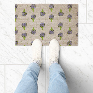 Blue Hydrangea Green Vase Coastal Pattern Fiber Doormat