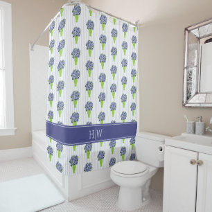 Blue Hydrangea Green Vase Coastal Stripe Shower Curtain