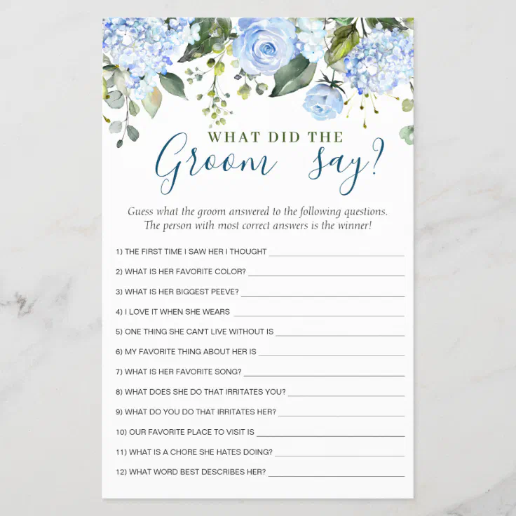 Blue Hydrangea Greenery Bridal Shower Game | Zazzle
