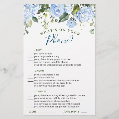 Blue Hydrangea Greenery Bridal Shower Game