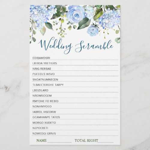 Blue Hydrangea Greenery Bridal Shower Game