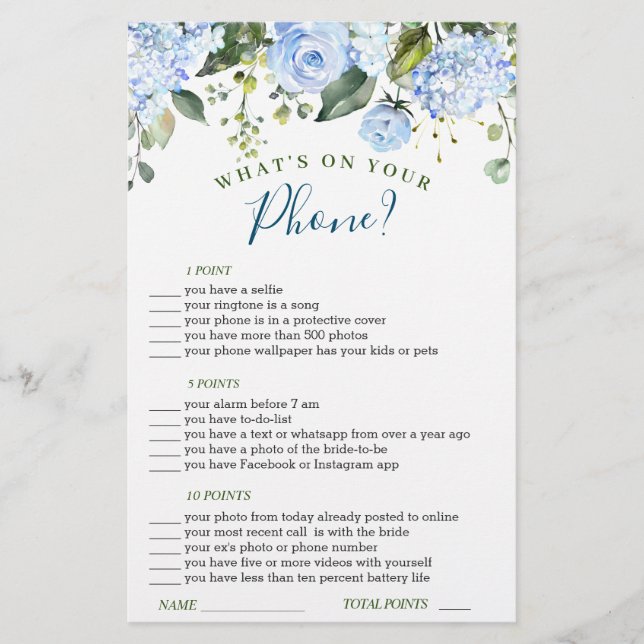 Blue Hydrangea Greenery Bridal Shower Game (Front)