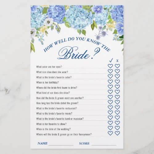 Blue Hydrangea Greenery Bridal Shower Game