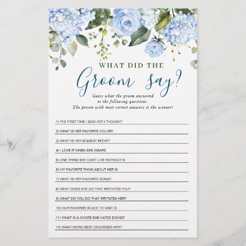 Blue Hydrangea Greenery Bridal Shower Game