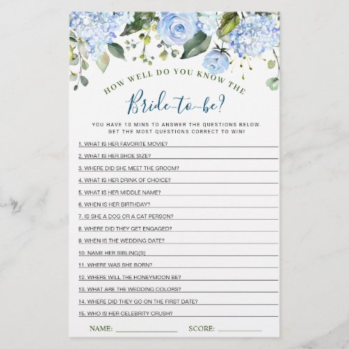 Blue Hydrangea Greenery Bridal Shower Game