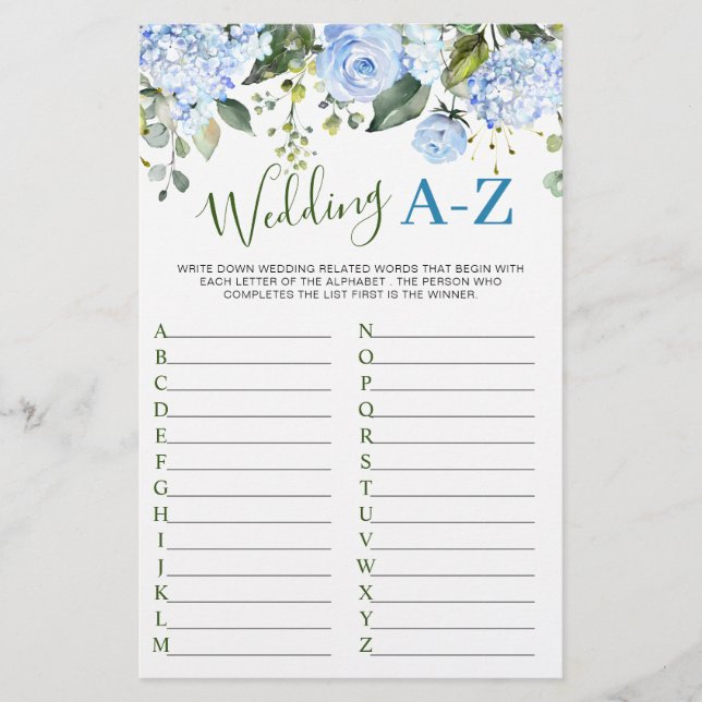 Blue Hydrangea Greenery Bridal Shower Game (Front)