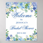 Blue Hydrangea  Greenery Bridal Shower Welcome Poster<br><div class="desc">Welcome guests to your wedding with  Blue Hydrangea  Floral Greenery Bridal Shower Welcome Poster,  featuring lush watercolor botanical greenery and white flowers,  with "welcome to our happily ever after, " your names,  and wedding date in a chic mix of modern block and hand lettered calligraphy typefaces.</div>