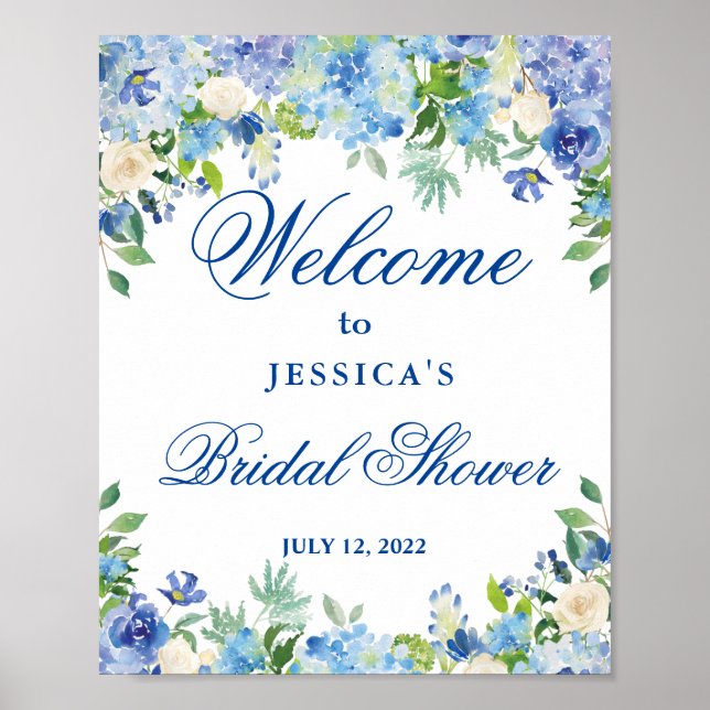 Blue Hydrangea  Greenery Bridal Shower Welcome Poster (Front)