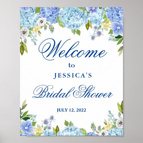 Blue Hydrangea  Greenery Bridal Shower Welcome Poster