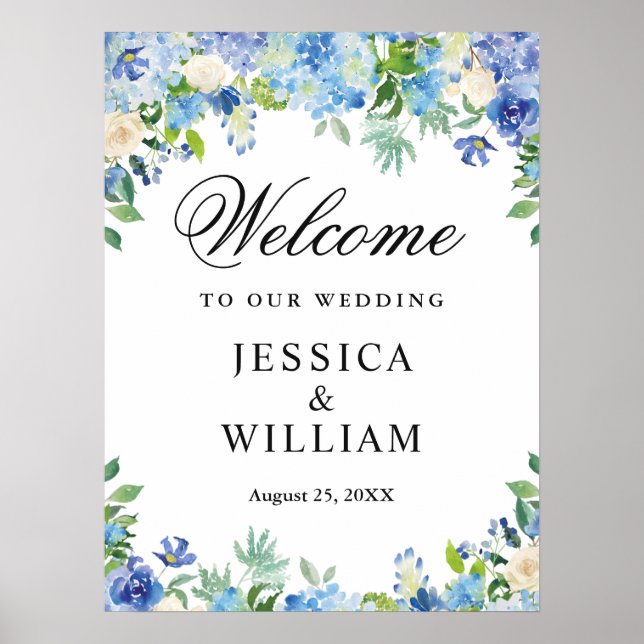 Blue Hydrangea  Greenery Chic Wedding Welcome Poster (Front)