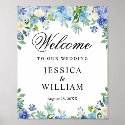 Blue Hydrangea  Greenery Chic Wedding Welcome Poster